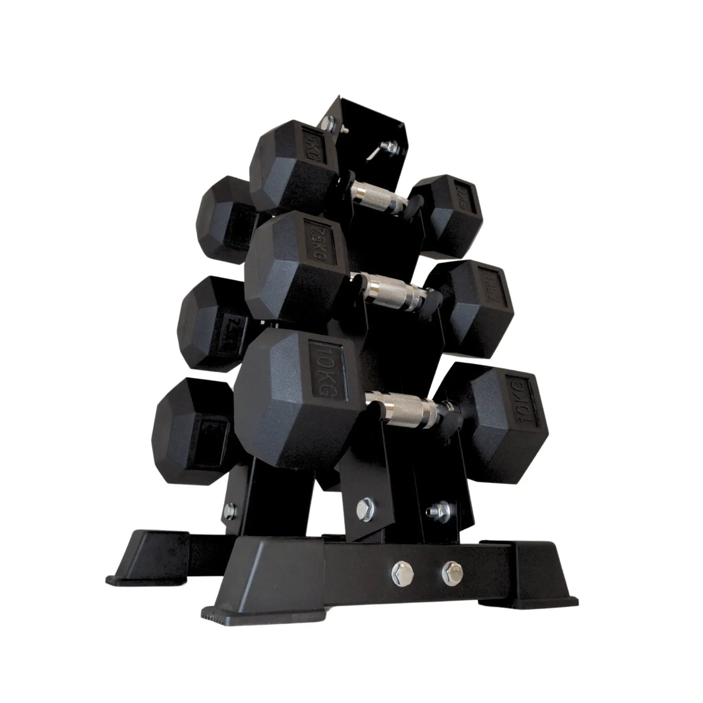 Black rubber hex dumbbells arranged on a compact black metal storage rack with angled tiers.