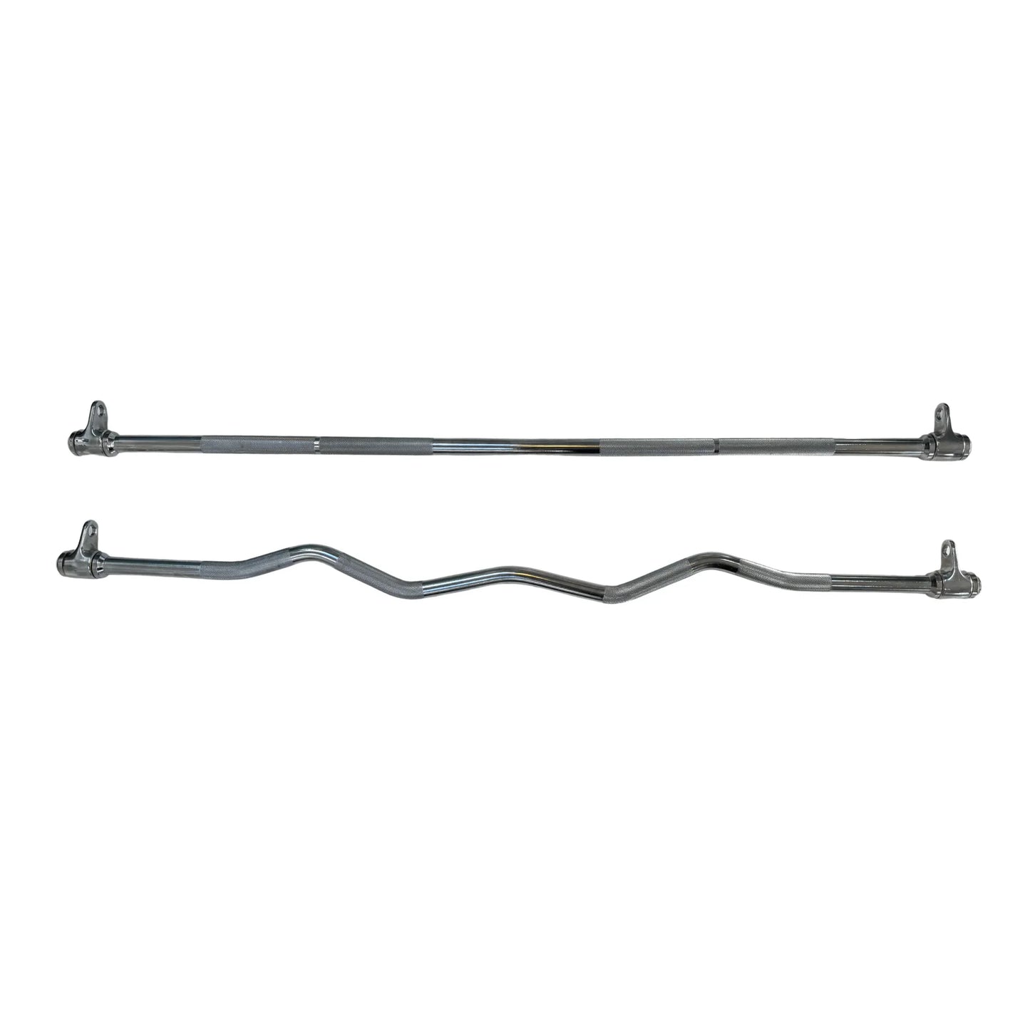 Straight and curved chrome EZ bar cable pulley attachments with swivel connectors for gym equipment.