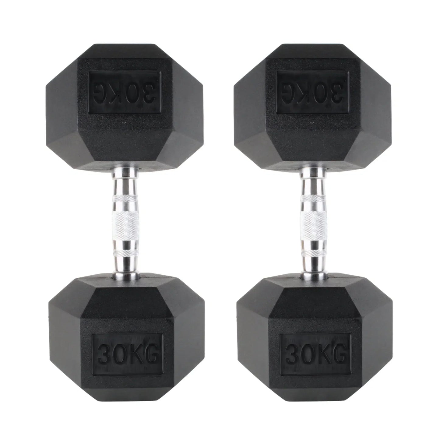 Pair of black 30kg rubber hex dumbbells with chrome textured handles.