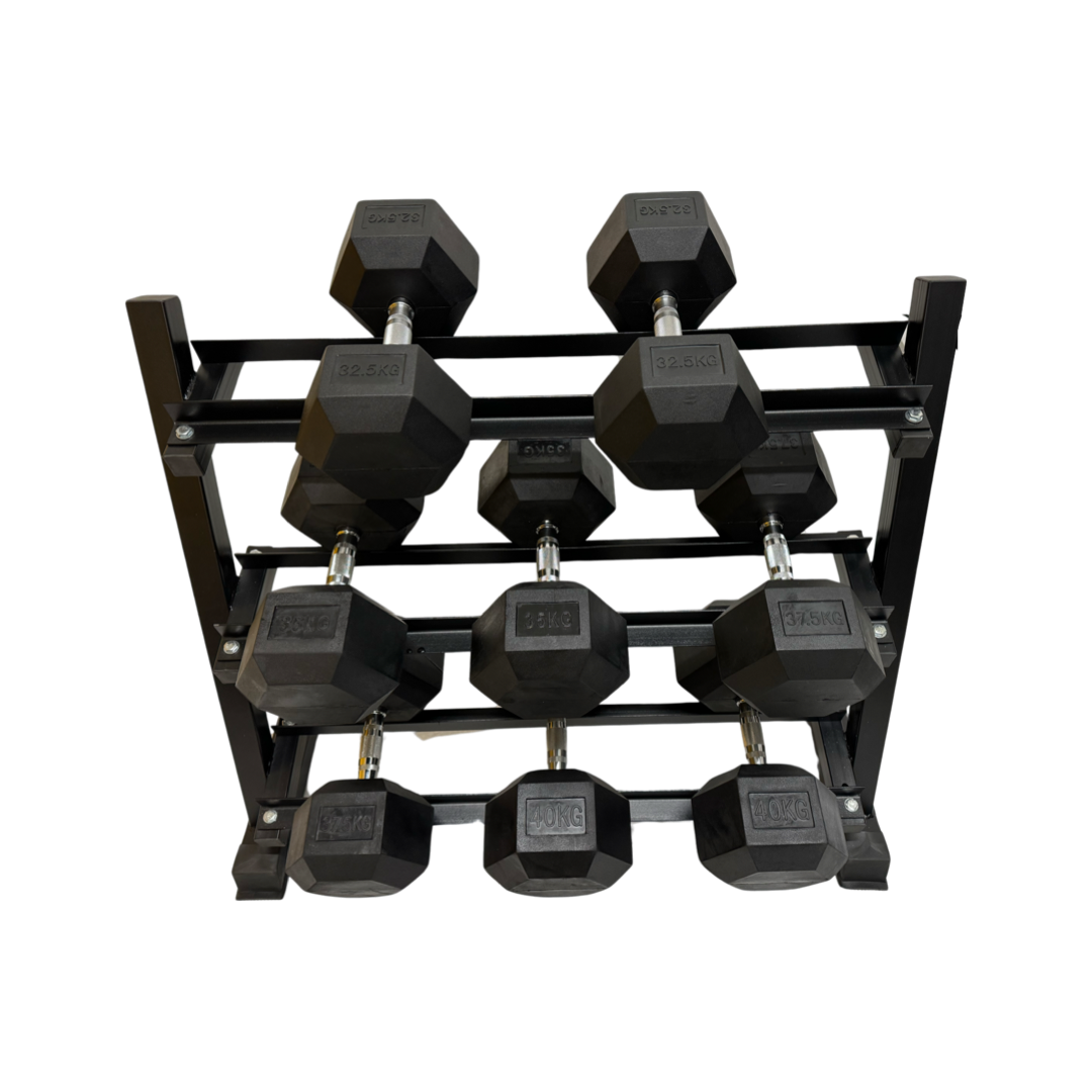 Black hex rubber dumbbells ranging 2.5kg to 40kg neatly arranged on a black metal rack.
