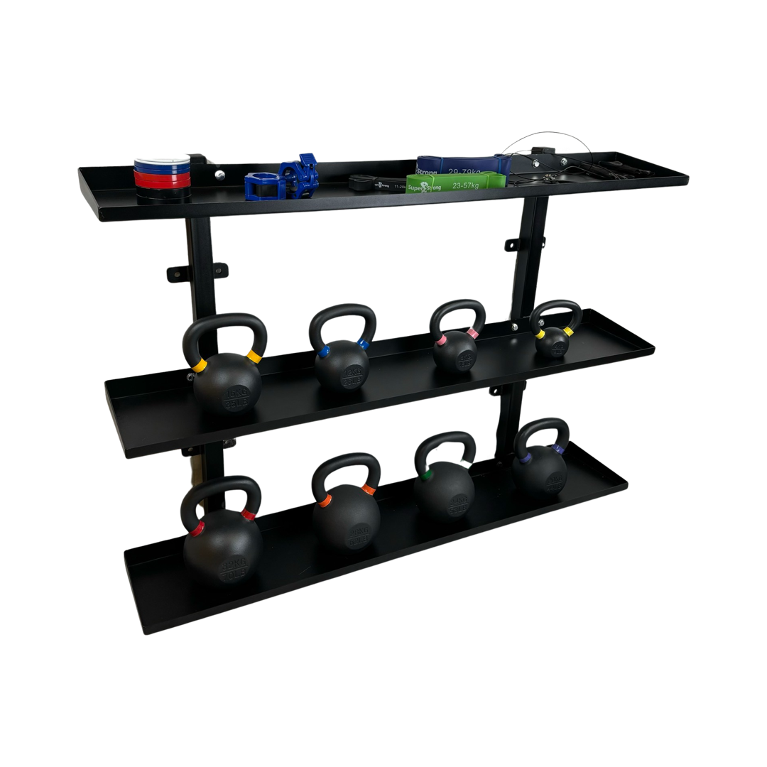 Black heavy-duty steel wall-mounted rack holding eight kettlebells with color-coded weight markings and two top shelves with .