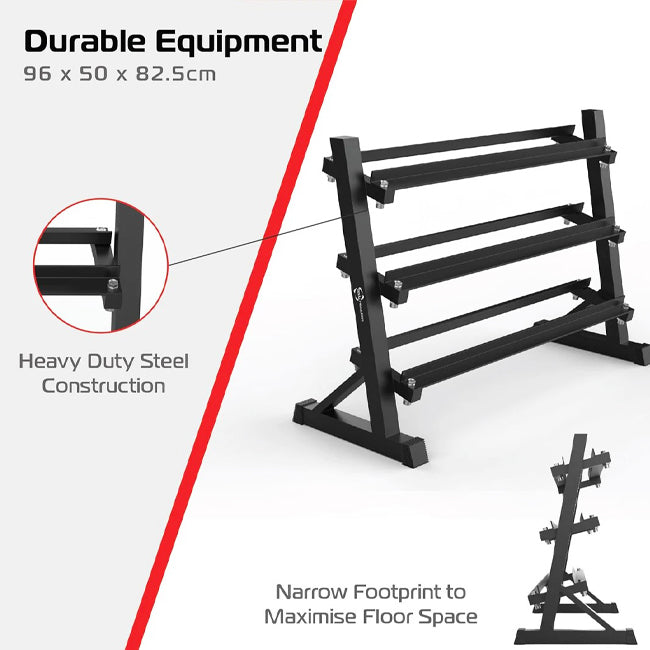 Black heavy-duty steel 3-level dumbbell rack with compact, angled shelves and sturdy frame.