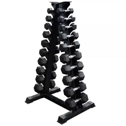 Black rubber hex dumbbells organized on a compact black metal storage rack with three tiers.