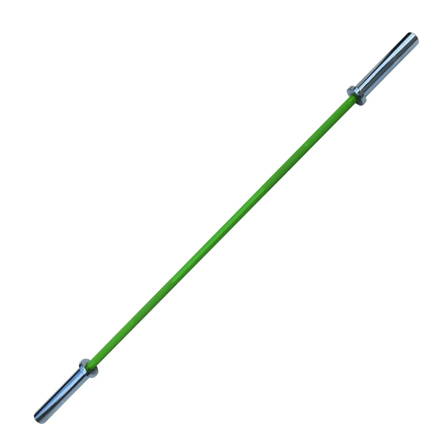 Green Olympic technique barbell with silver aluminum sleeves and 8kg weight capacity.