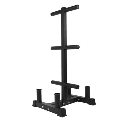 Black heavy-duty steel Olympic bumper plate and barbell storage rack with multiple horizontal arms.