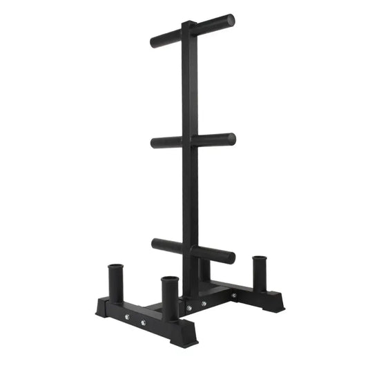 Black heavy-duty steel Olympic bumper plate and barbell storage rack with multiple horizontal arms.