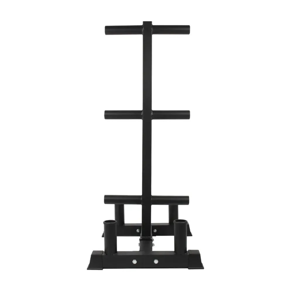 Black heavy-duty steel Olympic bumper plate barbell storage rack with three horizontal arms and sturdy base.