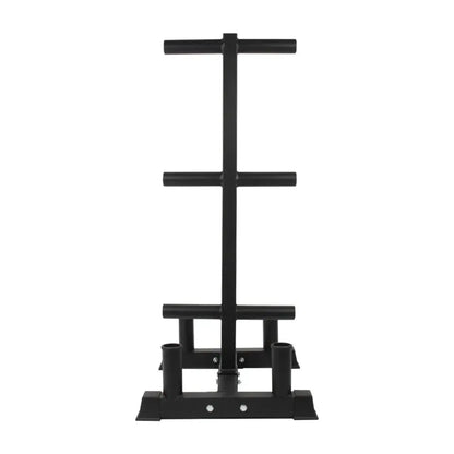 Black heavy-duty steel Olympic bumper plate barbell storage rack with three horizontal arms and sturdy base.