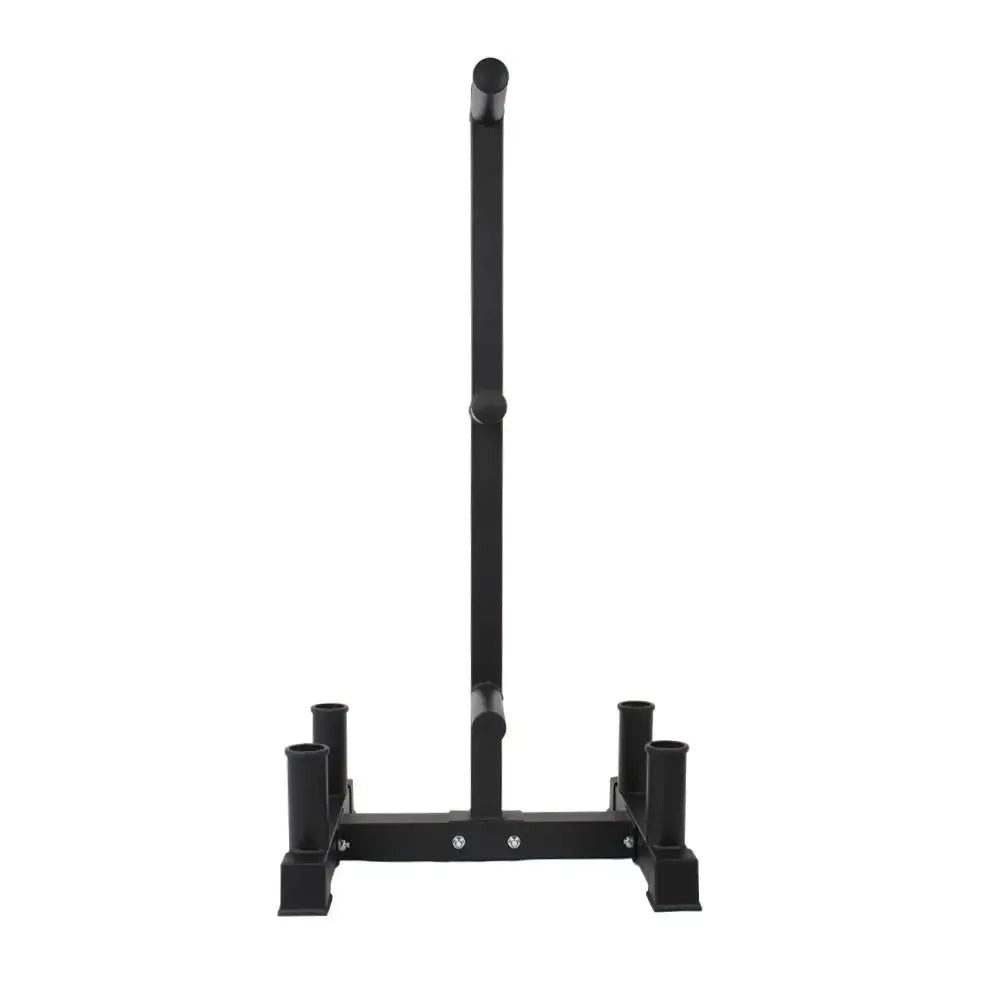Black heavy-duty steel Olympic bumper plate storage rack with vertical bar holder and four plate posts.