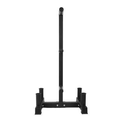Black heavy-duty steel Olympic bumper plate storage rack with vertical bar holder and four plate posts.