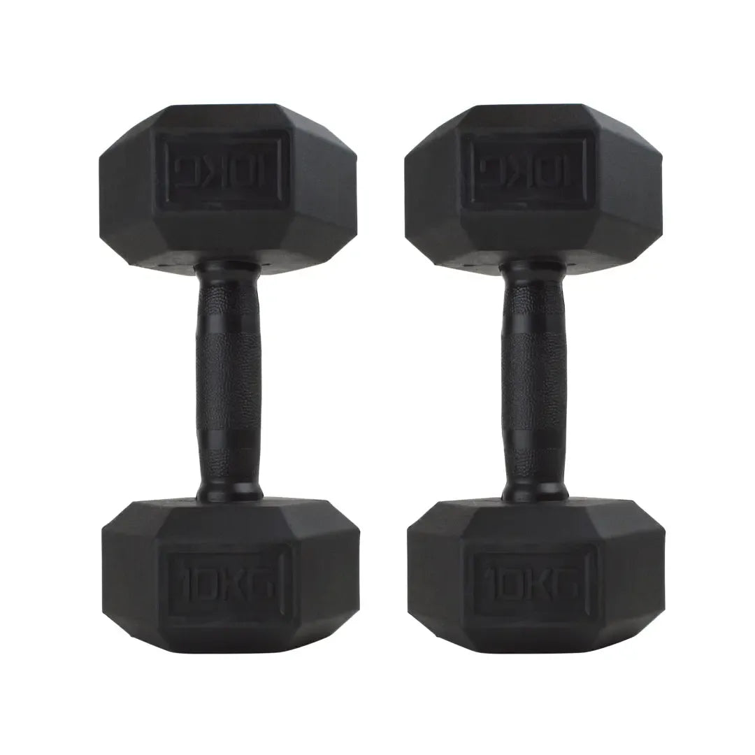 Pair of black hexagonal rubber-coated dumbbells with textured grips, 10kg each.