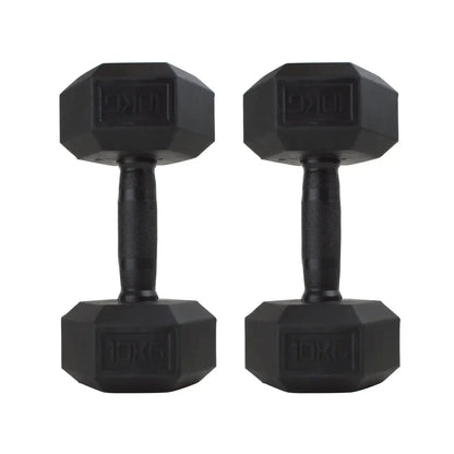 Pair of black hexagonal rubber-coated dumbbells with textured grips, 10kg each.