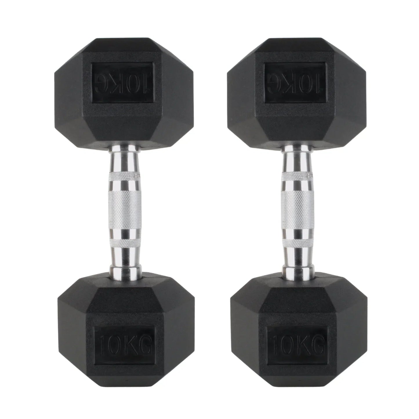Set of two 10kg black rubber hex dumbbells with silver textured grips for strength training.