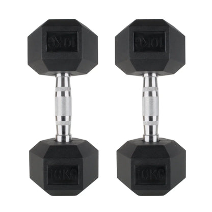 Set of two 10kg black rubber hex dumbbells with silver textured grips for strength training.