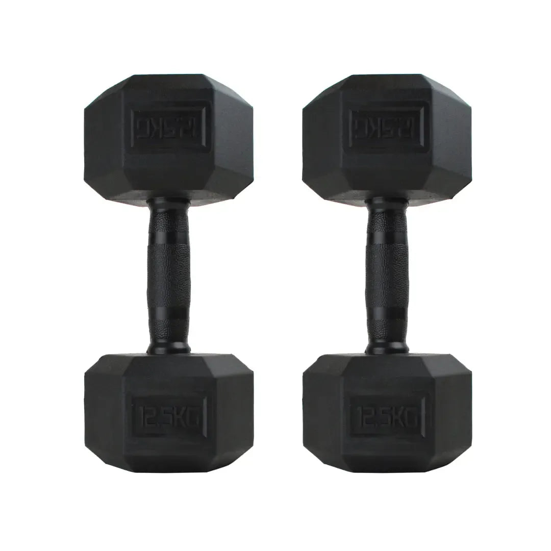 Pair of black rubber-coated hex dumbbells with textured handles, 10kg each.