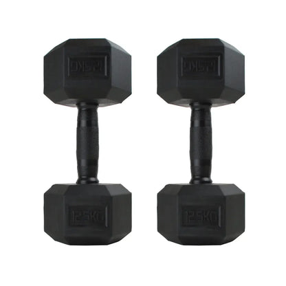 Pair of black rubber-coated hex dumbbells with textured handles, 10kg each.