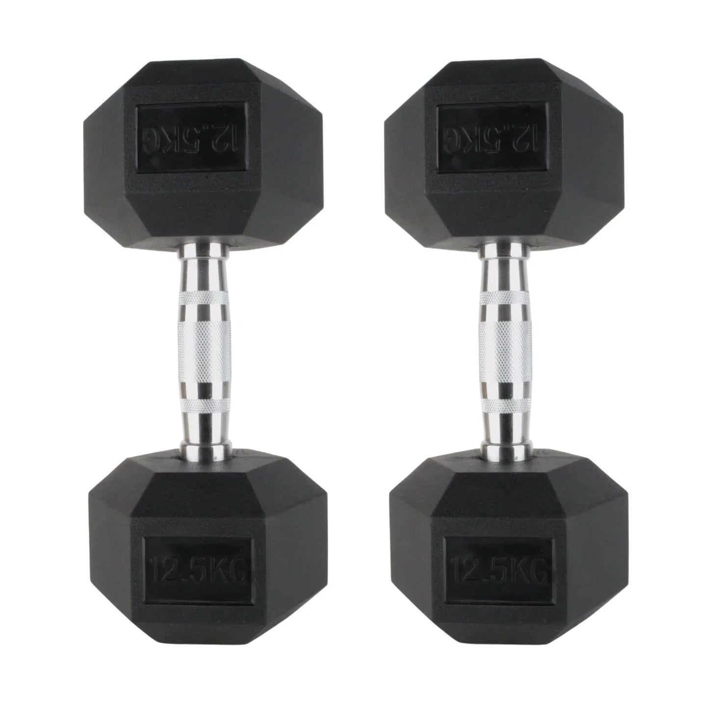 Pair of black rubber hex dumbbells with silver textured handles, each weighing 2.5kg.