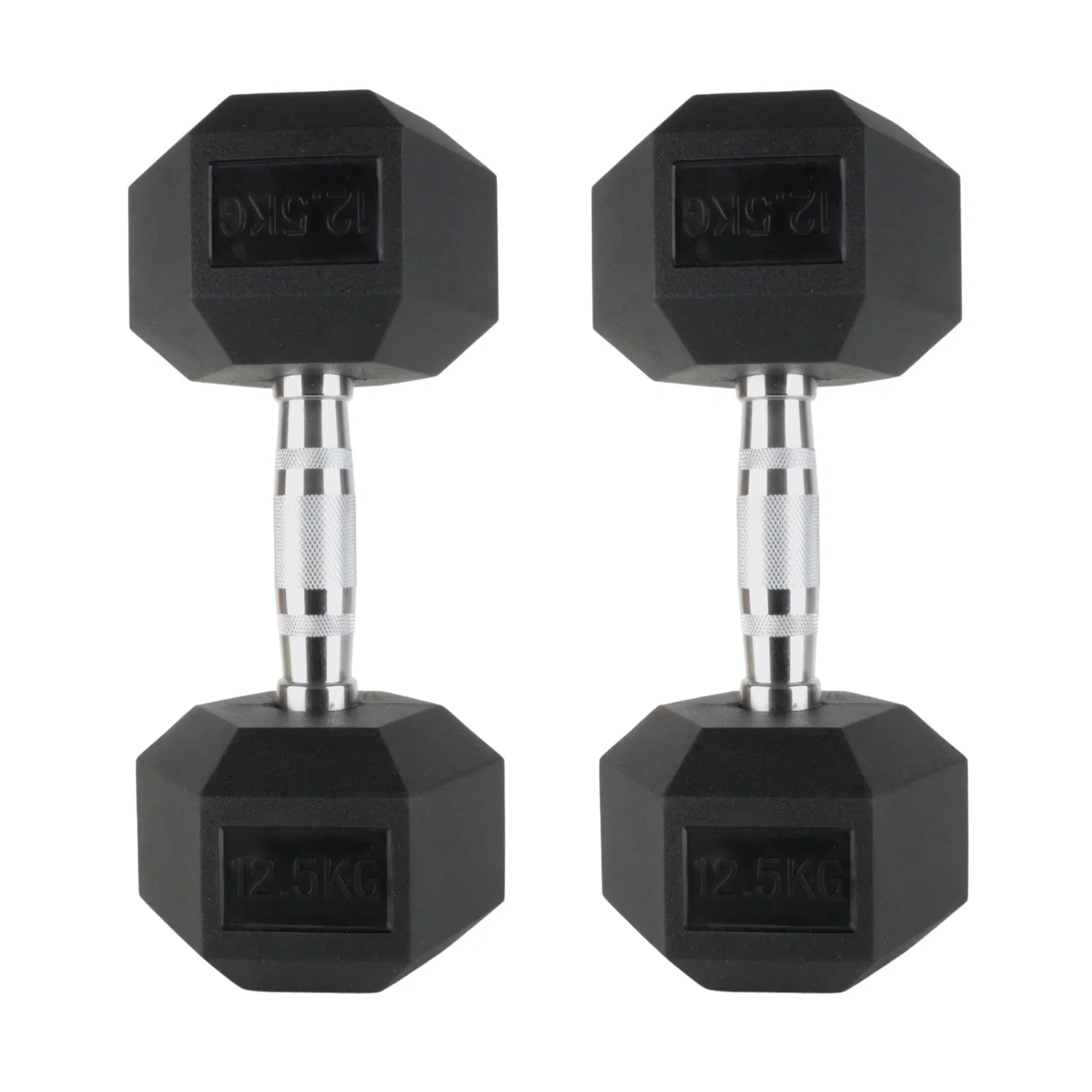 Pair of black rubber hex dumbbells with silver textured handles, each weighing 2.5kg.