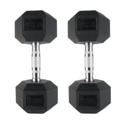 Pair of black rubber hex dumbbells with silver textured handles, each weighing 2.5kg.
