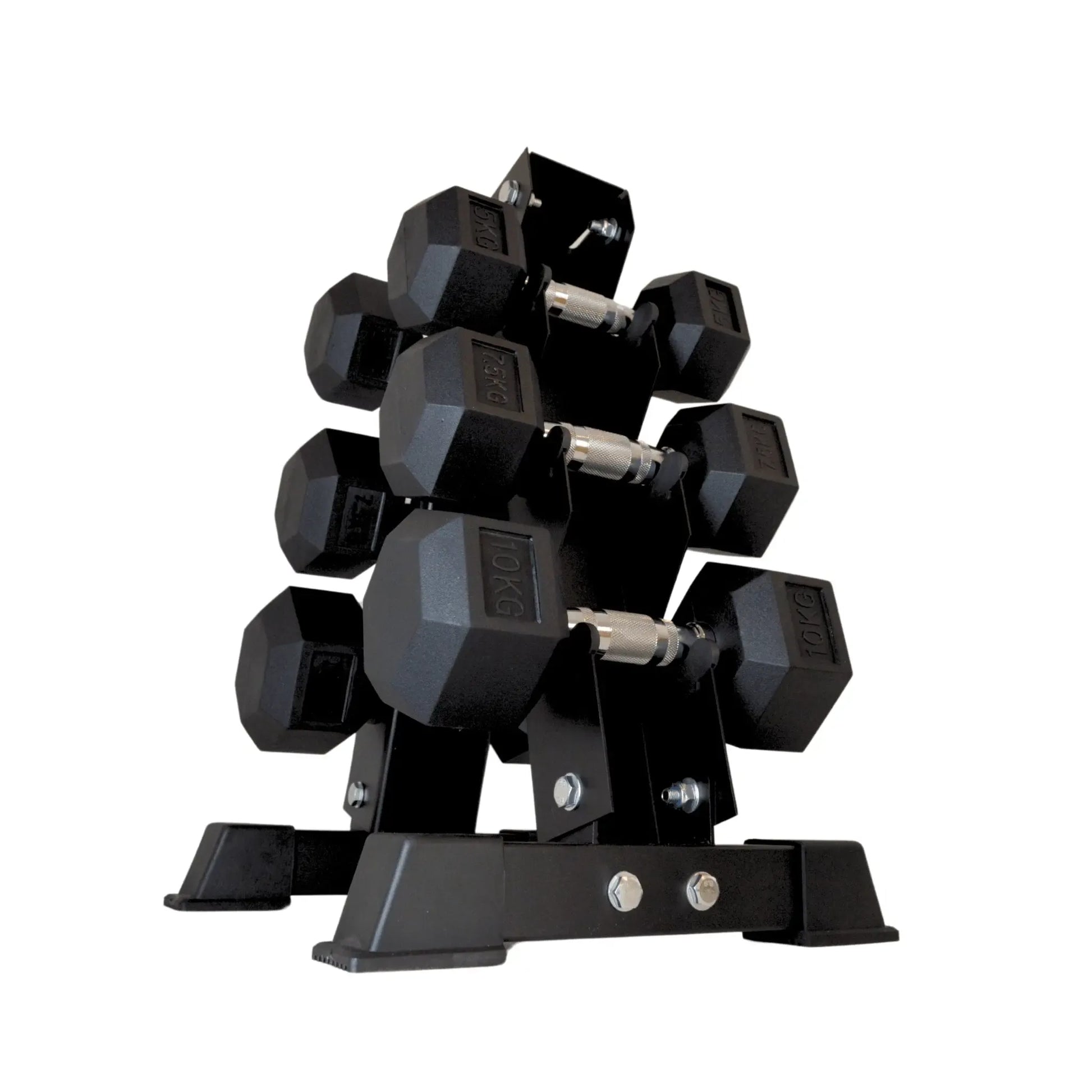 Black rubber hex dumbbells arranged on a compact black metal storage rack with angled tiers.