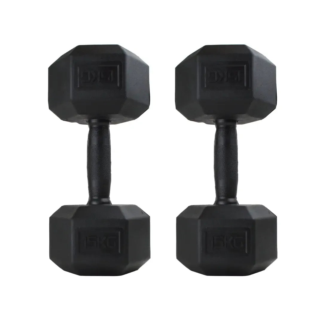 Pair of black rubber-coated hex dumbbells with textured grips and weight markings on sides.