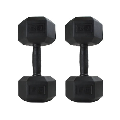 Pair of black rubber-coated hex dumbbells with textured grips and weight markings on sides.