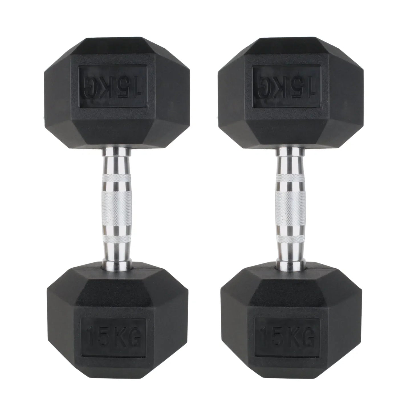 Pair of black rubber hex dumbbells with knurled silver handles, 10kg each.