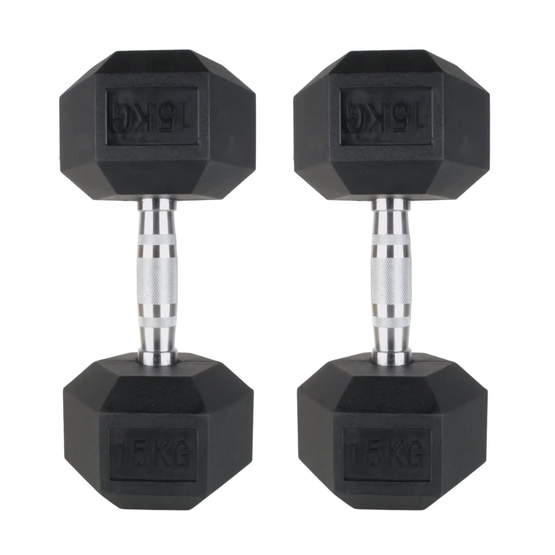 Pair of black rubber hex dumbbells with knurled silver handles, 10kg each.