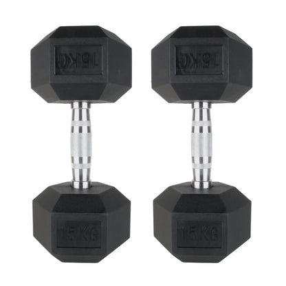 Pair of black rubber hex dumbbells with knurled silver handles, 10kg each.