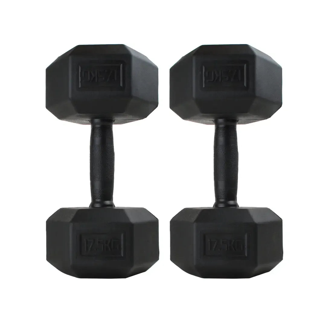 Pair of black rubber-coated hex dumbbells with textured grip handles.