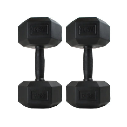 Pair of black rubber-coated hex dumbbells with textured grip handles.