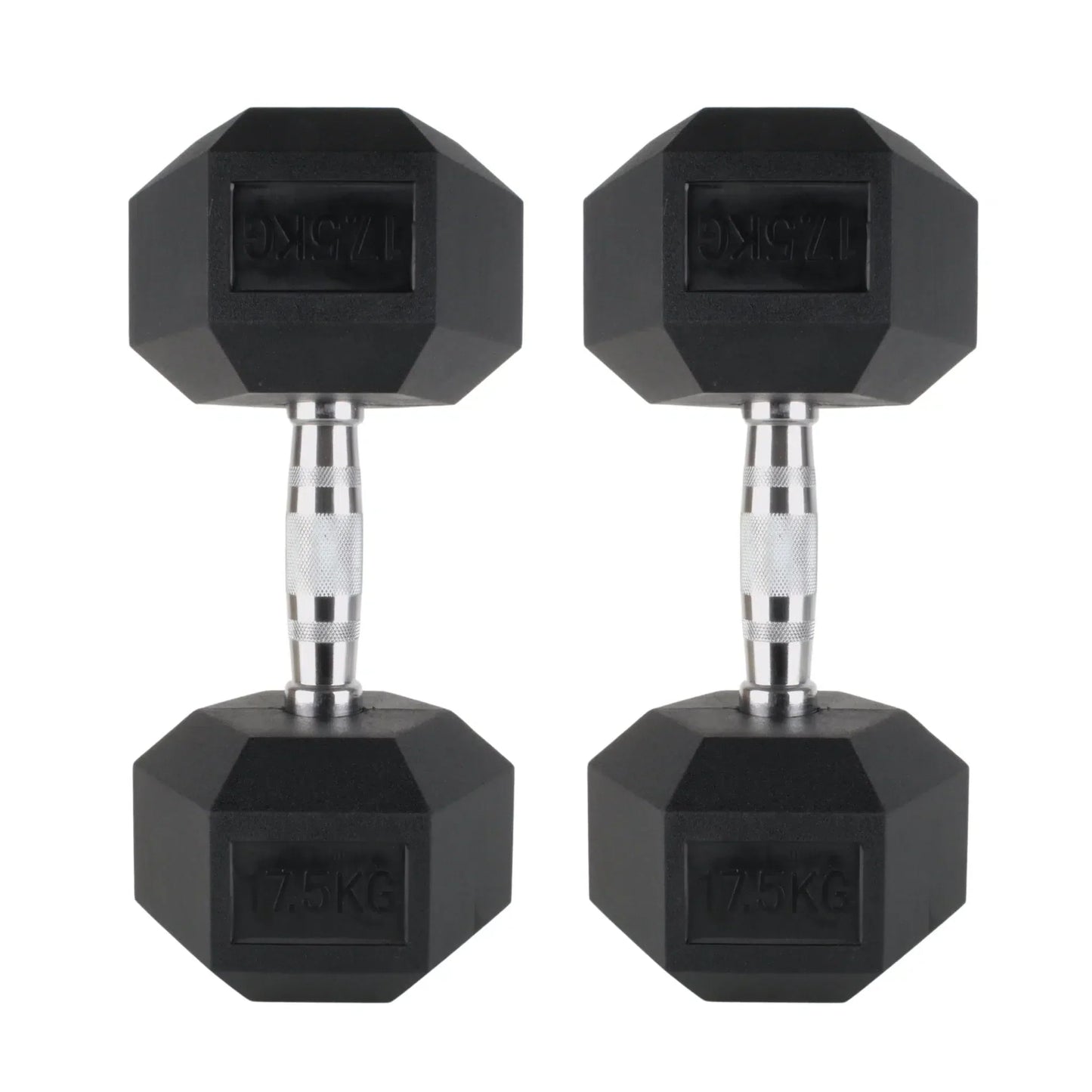 Pair of black rubber hex dumbbells with chrome knurled handles, each weighing 10kg.