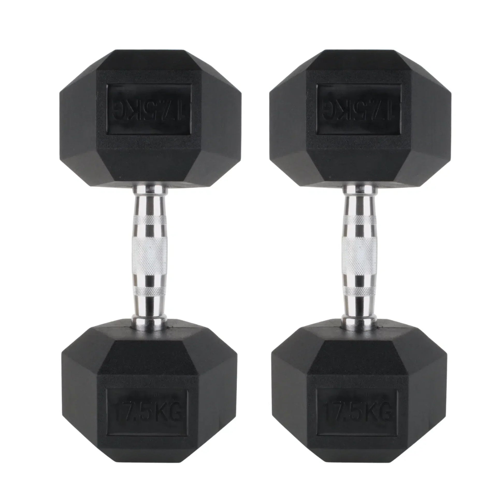 Pair of black rubber hex dumbbells with chrome knurled handles, each weighing 10kg.