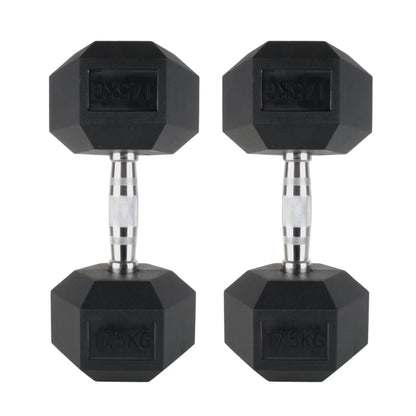 Pair of black rubber hex dumbbells with chrome knurled handles, each weighing 10kg.