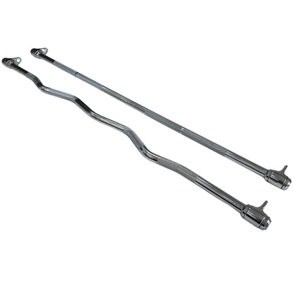 Chrome straight bar and EZ curl bar cable pulley attachment gym handles with dual swivel connectors.