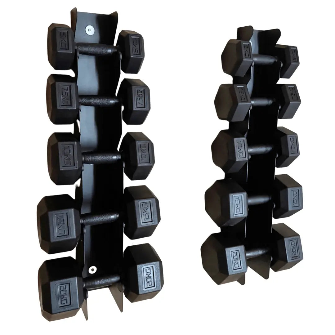 Wall-mounted black hex dumbbell rack holding pairs of black rubber dumbbells with weight labels designed for home gym storage.