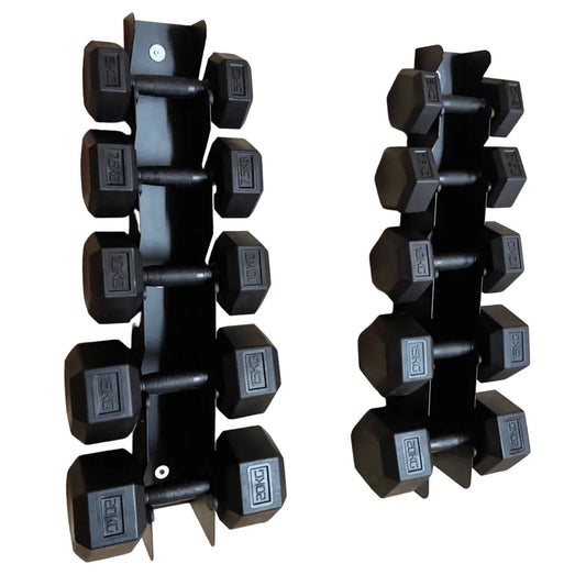 Wall-mounted black hex dumbbell rack holding pairs of black rubber dumbbells with weight labels designed for home gym storage.