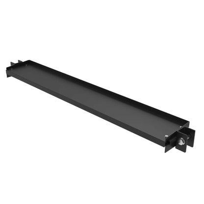Black metal rack storage shelf for power racks with mounting brackets and secure bolts.