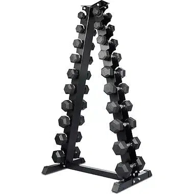 Black metal dumbbell storage rack holding multiple pairs of black rubber hex dumbbells arranged vertically.