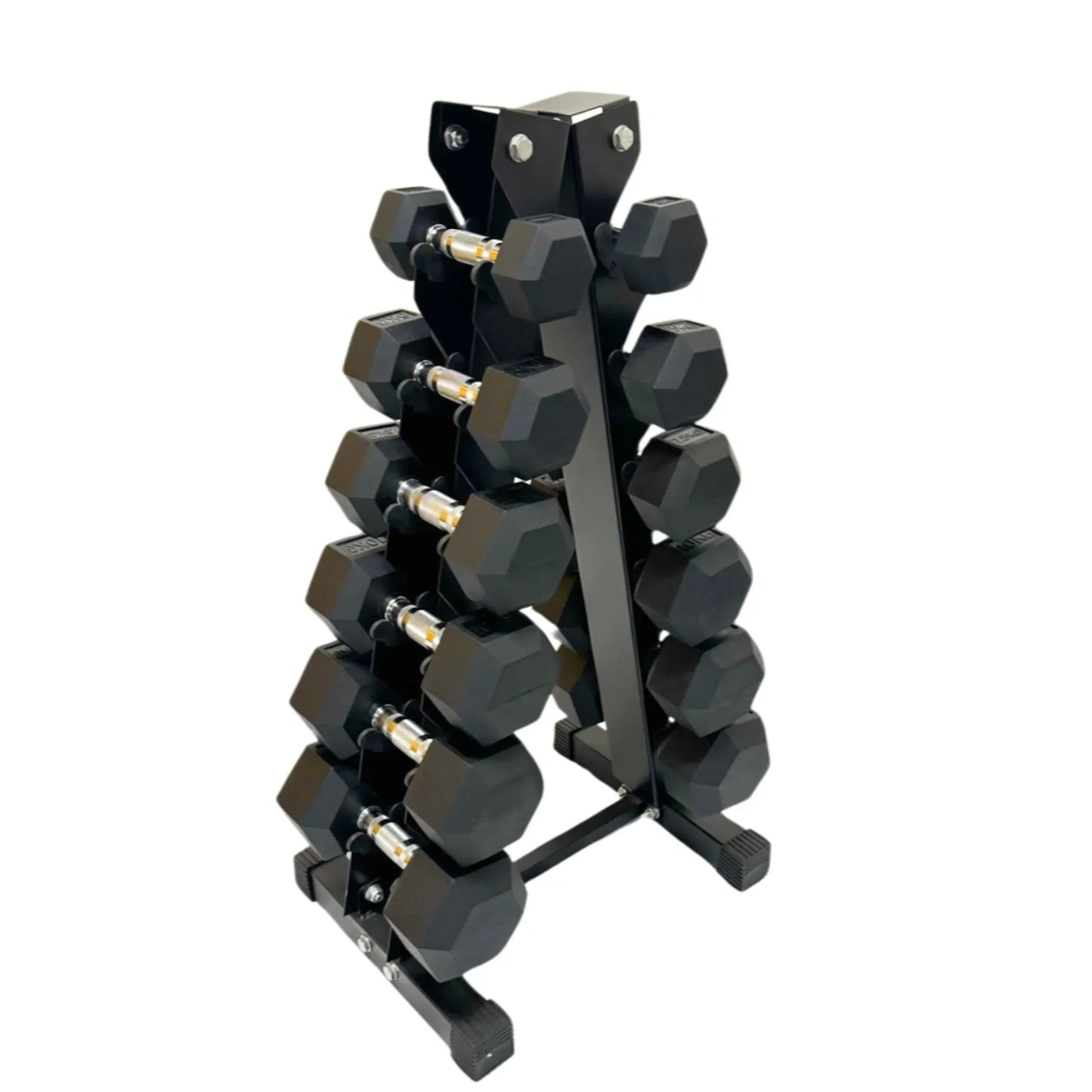 Black rubber hex dumbbells organized on a compact black metal storage rack with three tiers.