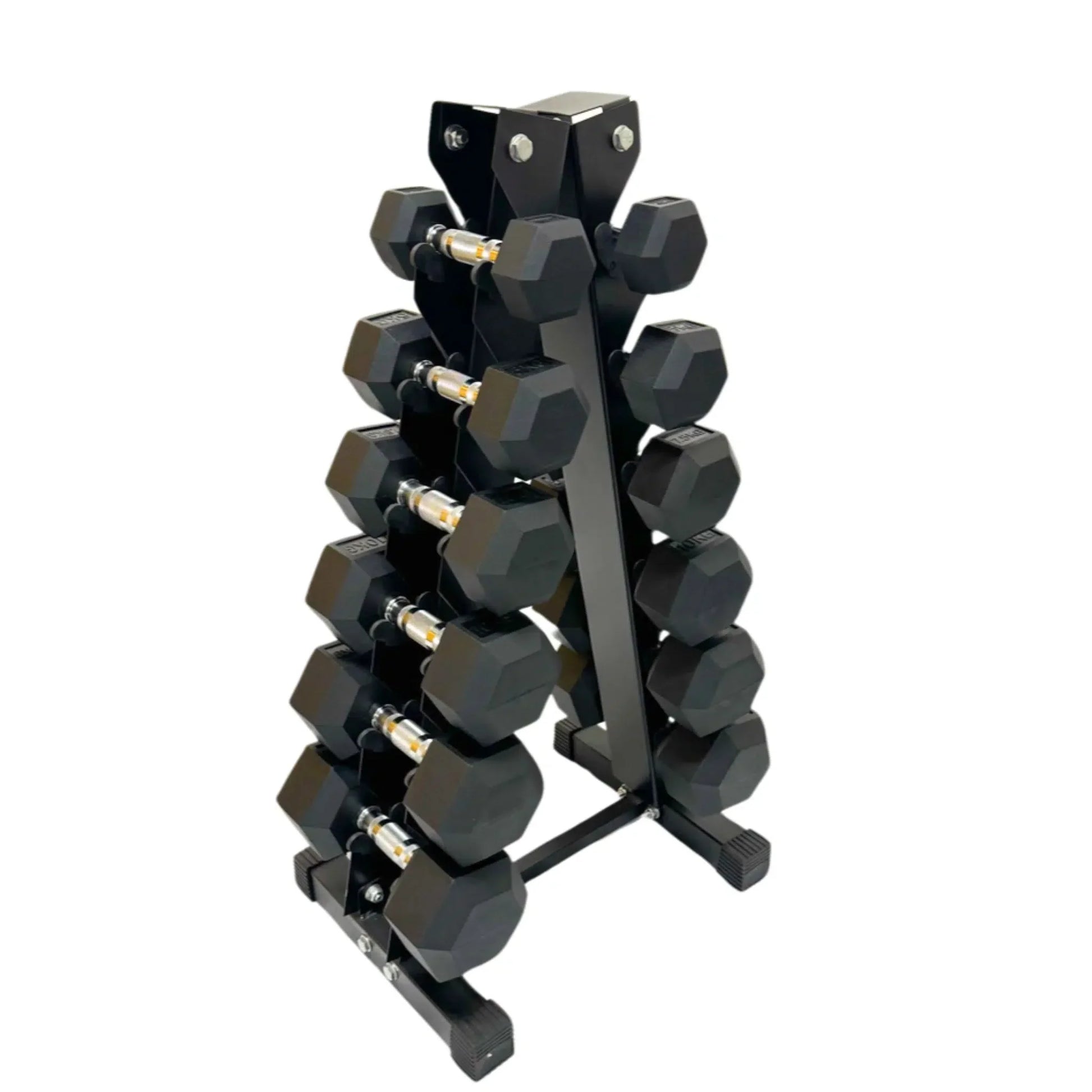 Black rubber hex dumbbells organized on a compact black metal storage rack with three tiers.