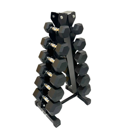 Black rubber hex dumbbells organized on a compact black metal storage rack with three tiers.