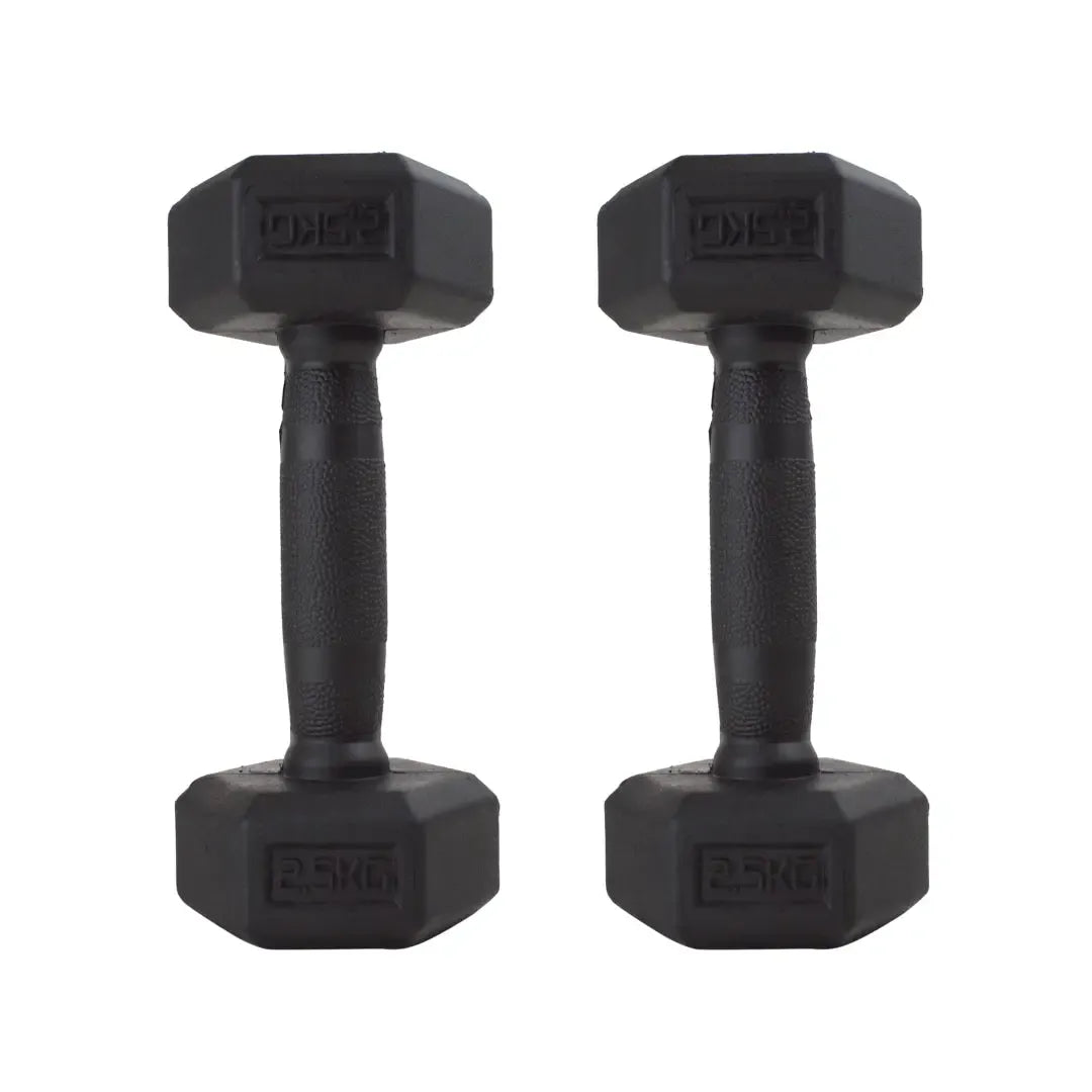 Pair of black hexagonal rubber-coated dumbbells with textured handles.