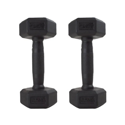 Pair of black hexagonal rubber-coated dumbbells with textured handles.
