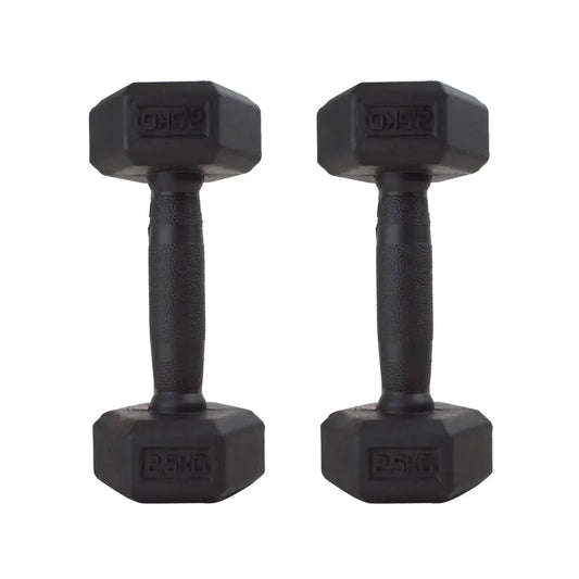 Pair of black hexagonal rubber-coated dumbbells with textured handles.