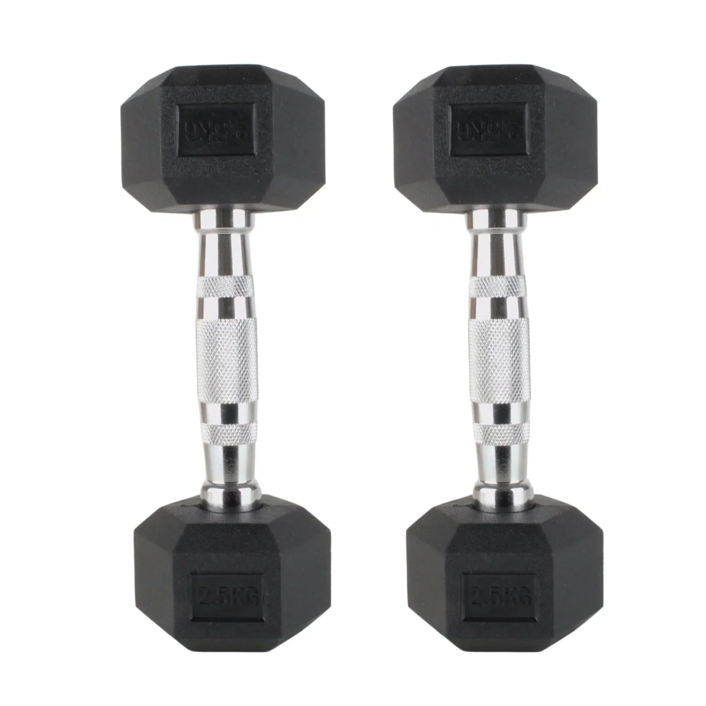 Pair of black rubber hex dumbbells with silver textured handles for grip.