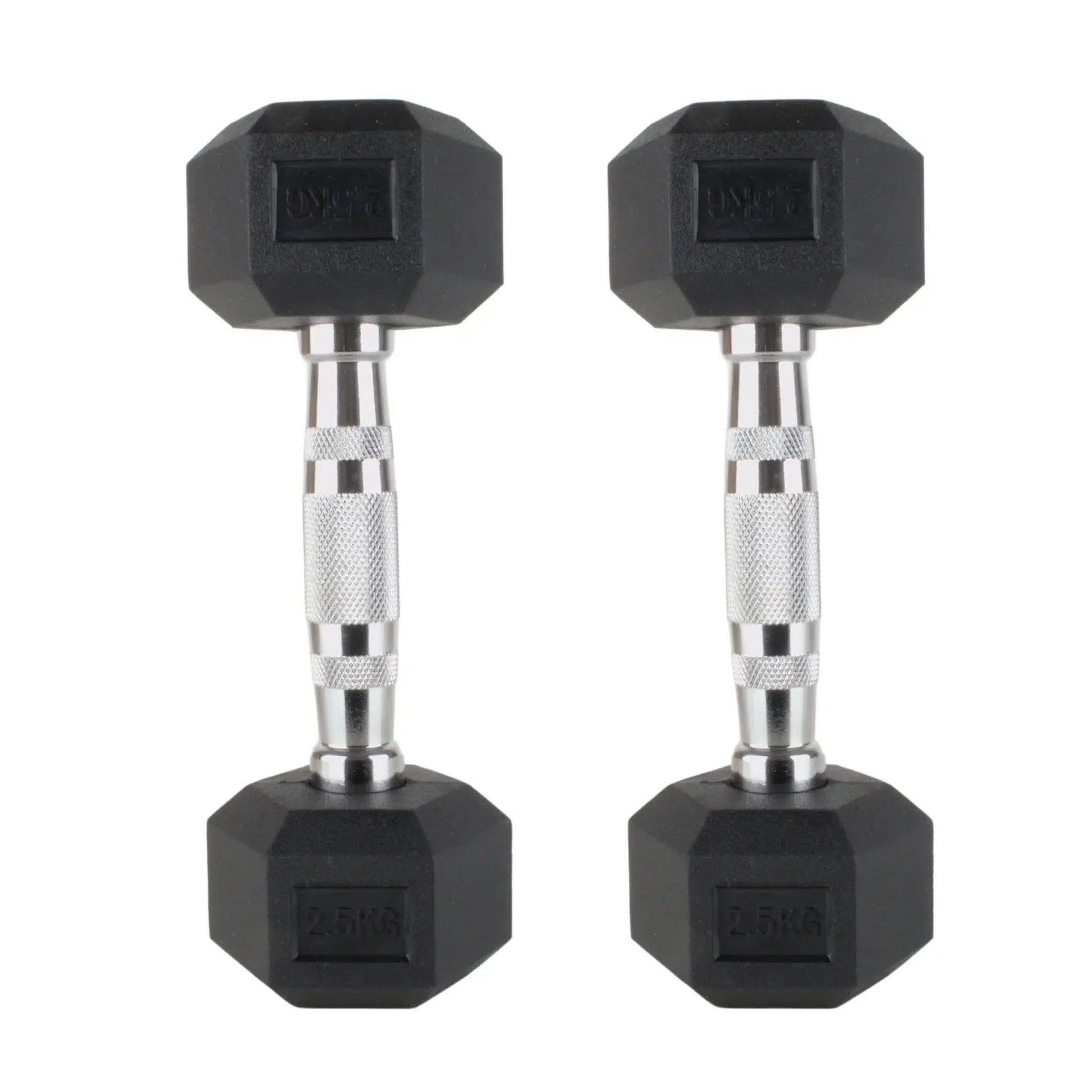 Pair of black rubber hex dumbbells with silver textured handles for grip.
