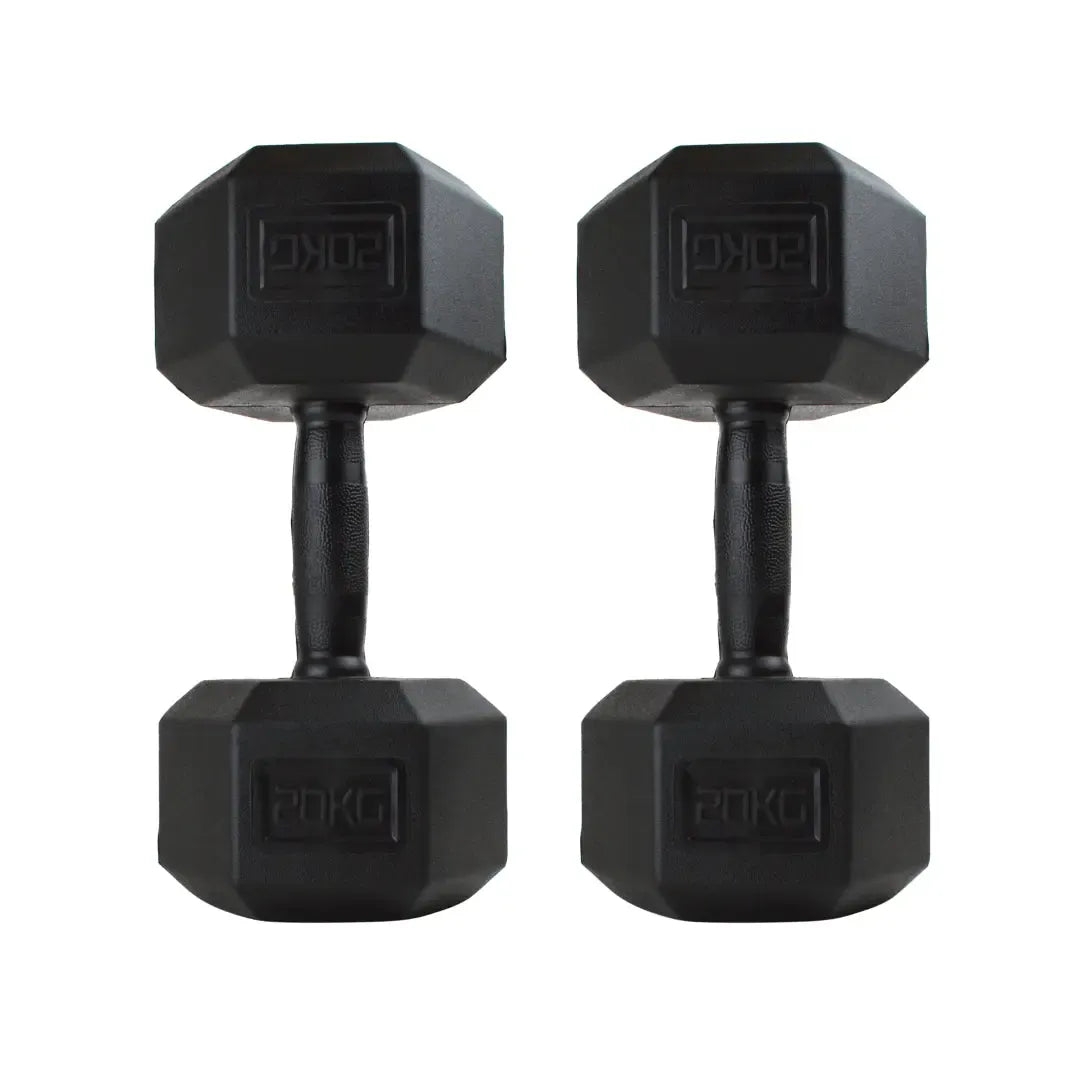 Pair of black rubber-coated hex dumbbells with textured grips.