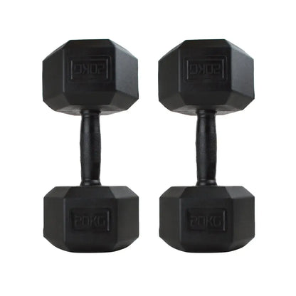 Pair of black rubber-coated hex dumbbells with textured grips.