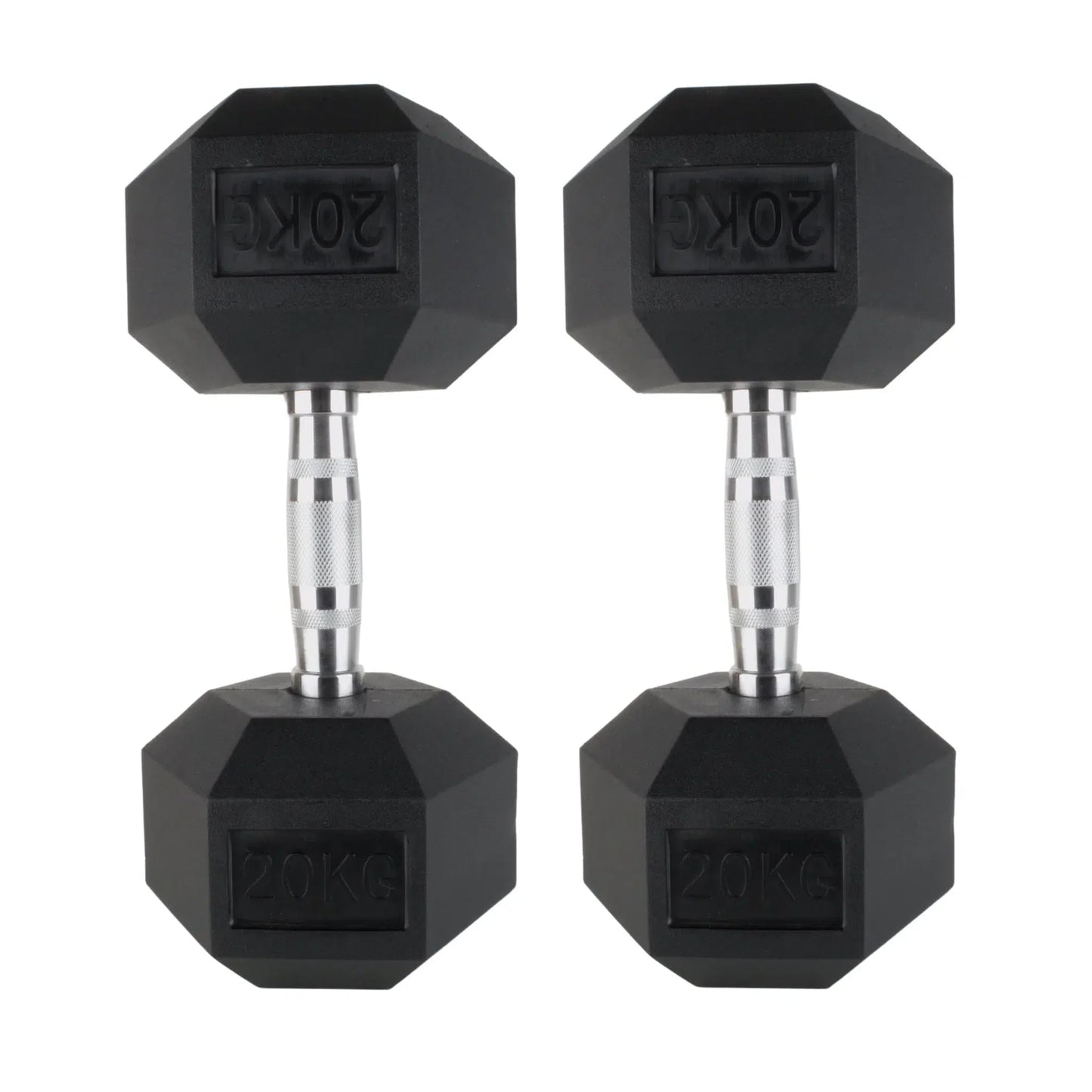 Pair of black 20kg rubber hex dumbbells with chrome textured handles for grip.